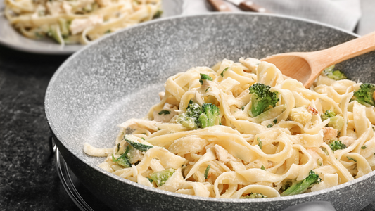 Creamy garlic parmesan pasta in a nonstick pot
