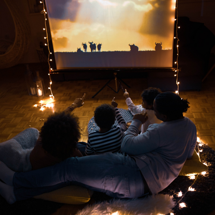 family bonding watching movie using projector