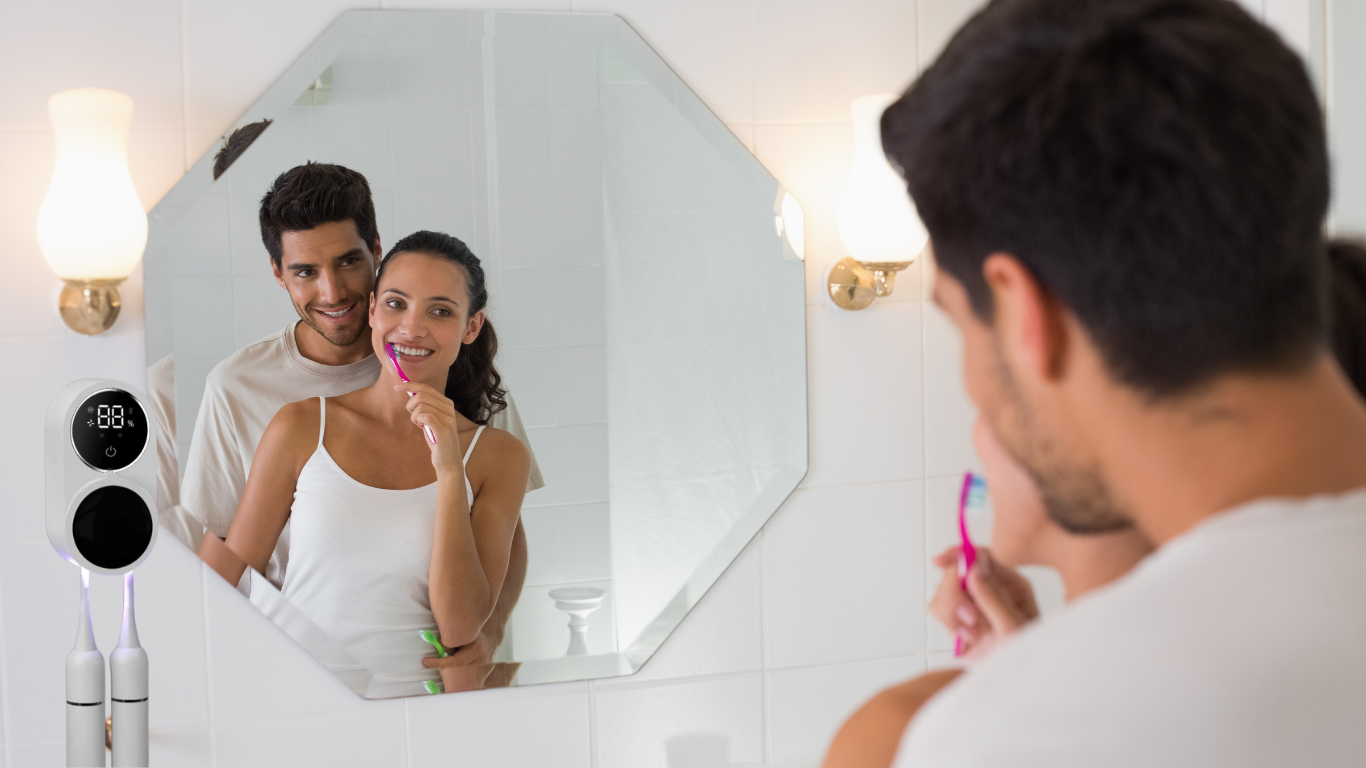happy couple brushing their teeth