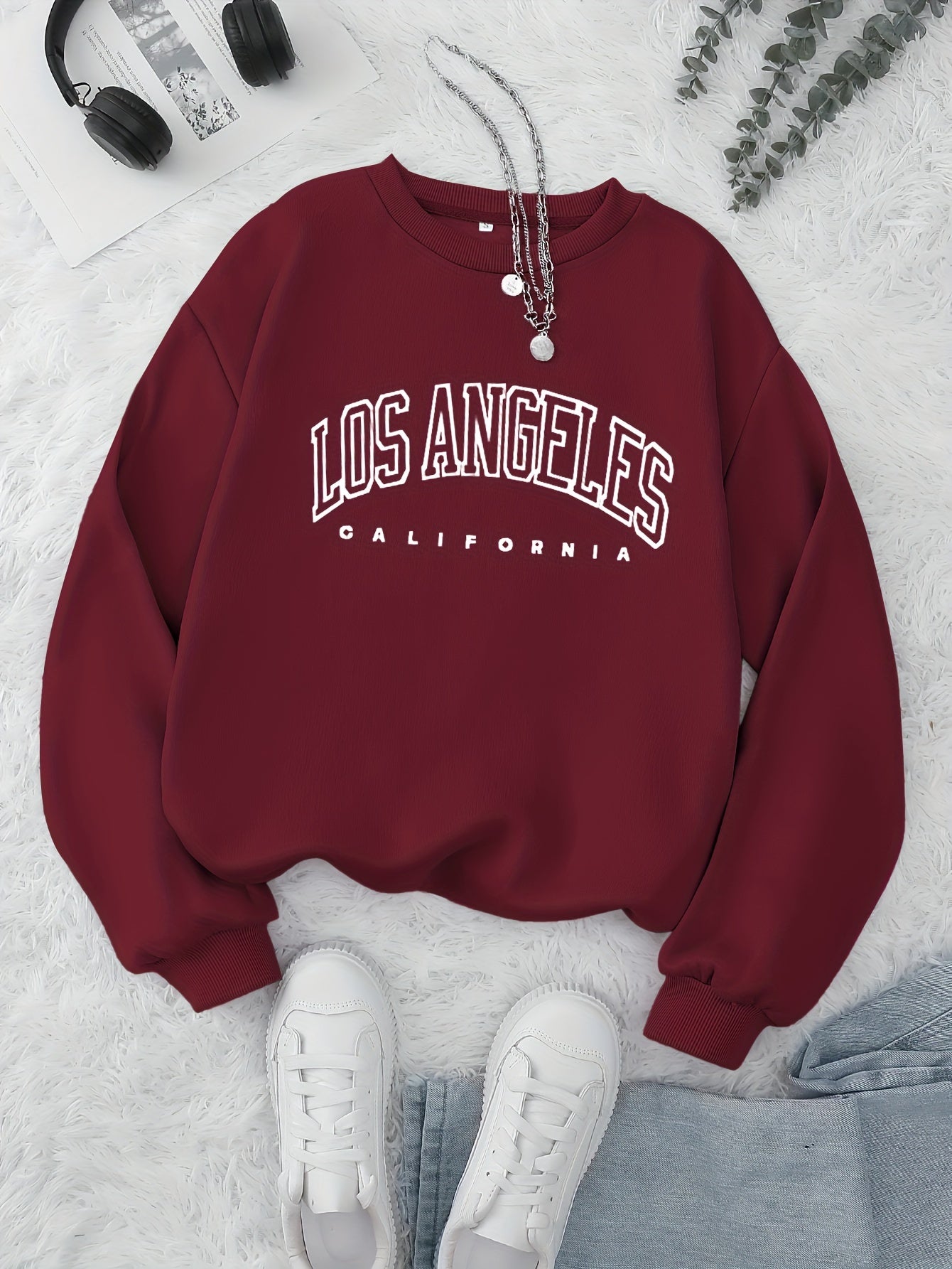 Los Angeles Print Preppy Crewneck Sweatshirt for Women, Long Sleeve Winter Fall Casual Cozy Sweatshirt
