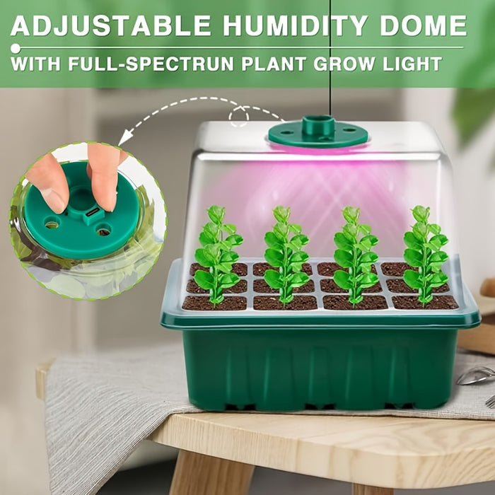 Seed Starter Disc with Growth Lamp, 2 Sets of Seed Germination Kits, with Adjustable Humidity Dome, Seedling Starter Disc with Heightening Lid, 8 Full Spectrum LED Bulbs for Indoor Plants, Mini Greenhouse for Seed Germination