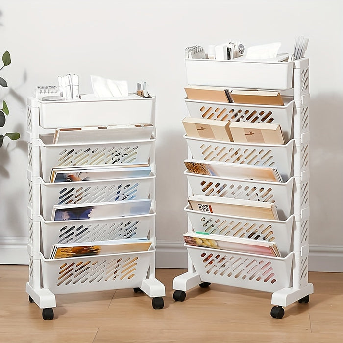 1pc Five-Level Bookshelf Shelf, Movable Desk Side Bookshelf, Floor Desk Small Cart, Book Storage Shelf, Office Study Supplies Storage Rack, Pen Holder, Lesson Book, Document Storage, Office Supplies