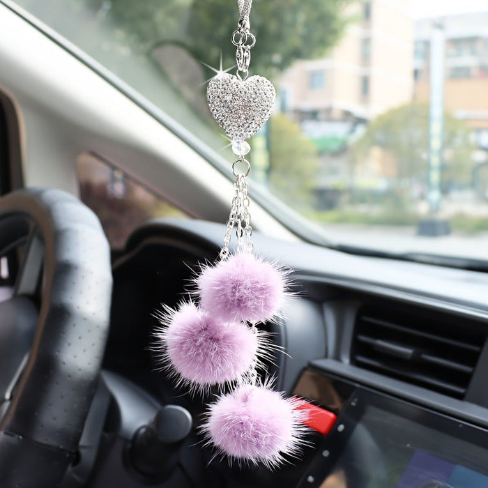 Sparkling Heart Rhinestone Car Ornament: Plush Ball & Heart Design for Women & Girls