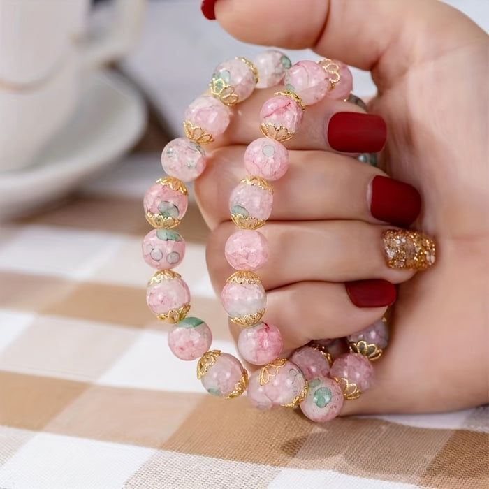 1pc Spring Series Glass Beaded Bracelet, Ancient Style Floral Pattern Bracelet For Girls, Chinese Style Bracelet