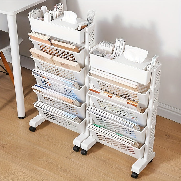 1pc Five-Level Bookshelf Shelf, Movable Desk Side Bookshelf, Floor Desk Small Cart, Book Storage Shelf, Office Study Supplies Storage Rack, Pen Holder, Lesson Book, Document Storage, Office Supplies
