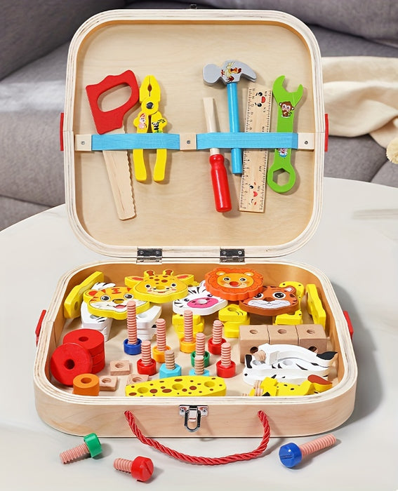 Kids' Wooden Animal Pattern Toolbox Toys With Hand Rope, Cute Cartoon Educational Toys For Boys Girls, Children's Building Block Assembly Toy, Birthday Gifts