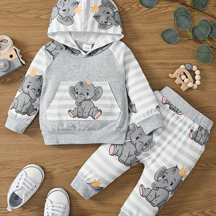 2pcs Baby Boy Baby Elephant Cartoon Print Comfortable Long Sleeve Hooded Top + Stitched Stripes Baby Elephant Full Print Trousers Two Sets, for Outdoor