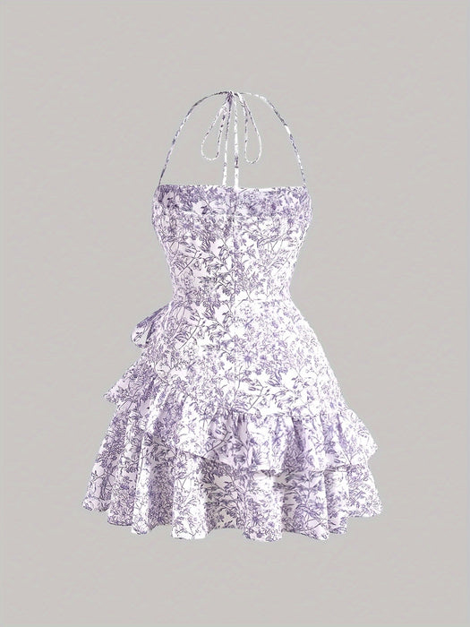 Floral Print Layered Ruffle Hem Halter Dress - Sleeveless Summer Dress for Women