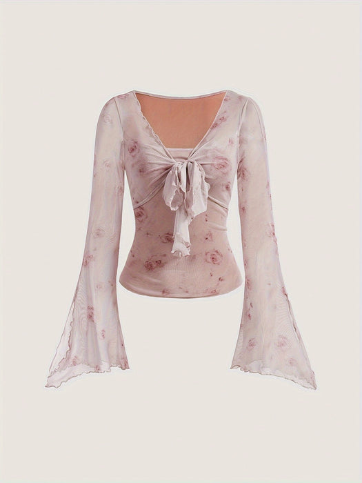 Stylish Floral Print Knot Front Slim Fit T-Shirt - Women's Elegant Flare Sleeve T-Shirts for Spring & Fall - Casual, Comfortable, and Versatile Clothing for Ladies
