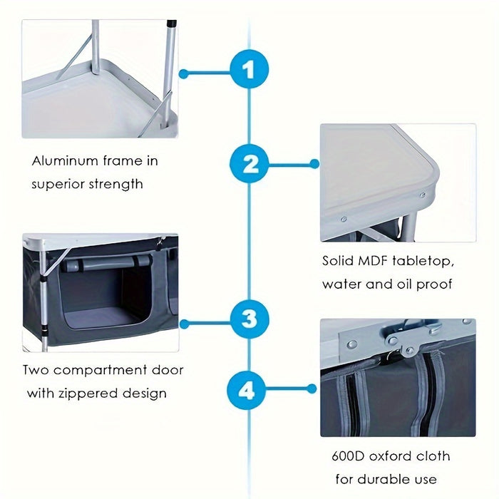 4ft Floral White MDF Tabletop Outdoor Folding Table Aluminum Frame Rectangular with Blue Cloth Cabinet 3 Height Adjustments