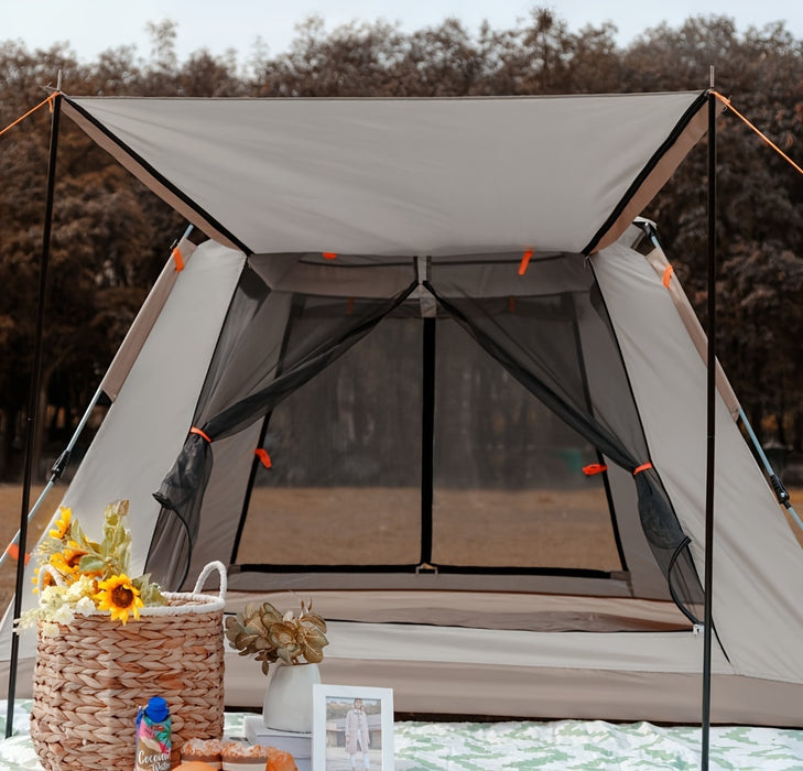 8-Person Family Camping Tent with Canopy - Quick Setup, Mosquito Netting, Windproof, All-Season, Beige, UV Protection, Multi-Band Sunshade, Durable Oxford Fabric, Perfect for Outdoor Adventures, Campers Accessories