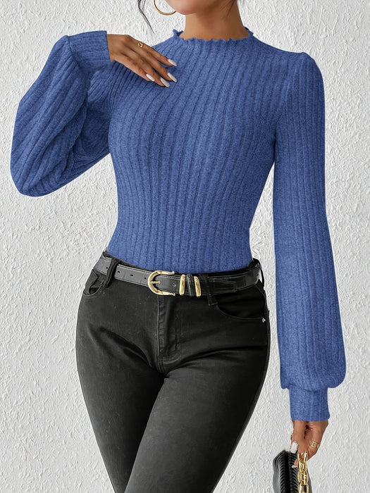 Solid Mock Neck Rib Knit Bodysuit, Elegant Long Sleeve Bodysuit, Women's Clothing