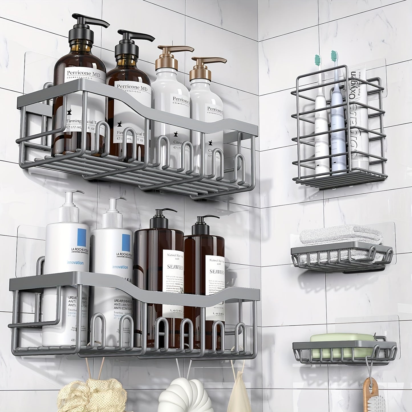 Adhesive Shower Caddy, 5 Pack Rustproof Stainless Steel Bath Organizers With Large Capacity, No Drilling Shelves For Bathroom Storage & Home Decor