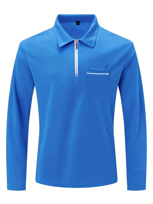 Men's Casual Long Sleeve Zipper Lapel Shirt with Chest Pocket, Spring/Fall Outdoor Wear