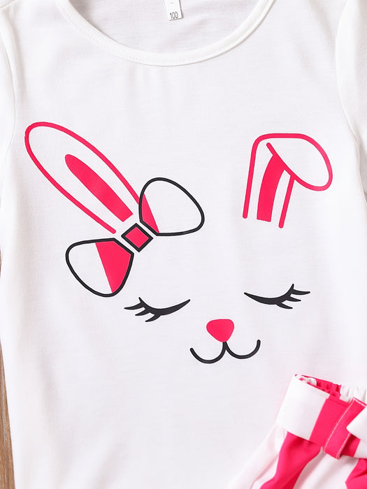 2pcs Toddler Girls Easter Cartoon Bunny Graphic T-Shirts Round Neck Short Sleeve Tees Top & Elastic Waist Belted Stripe Shorts Set Kids Summer Outdoor Clothes