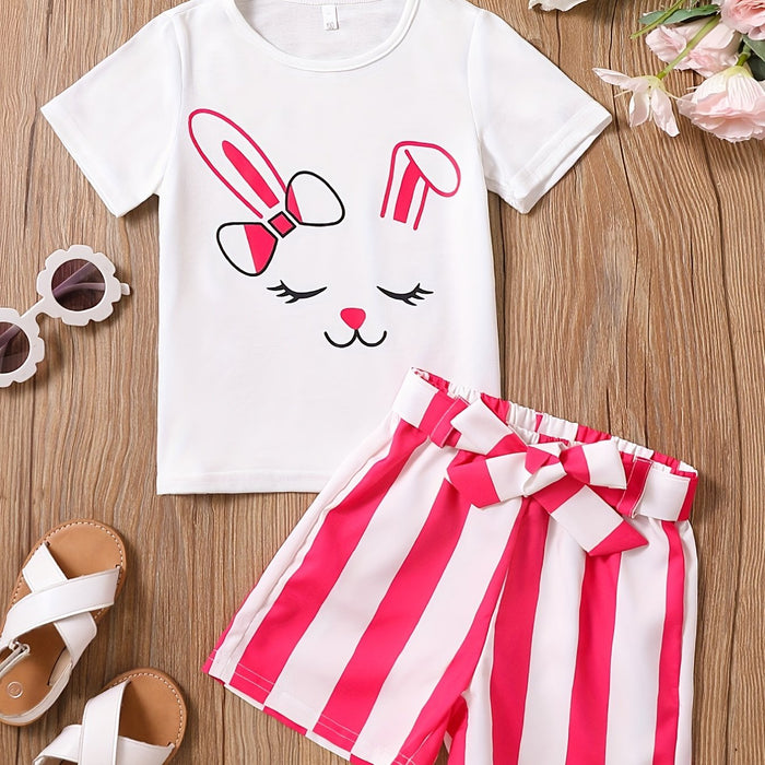 2pcs Toddler Girls Easter Cartoon Bunny Graphic T-Shirts Round Neck Short Sleeve Tees Top & Elastic Waist Belted Stripe Shorts Set Kids Summer Outdoor Clothes