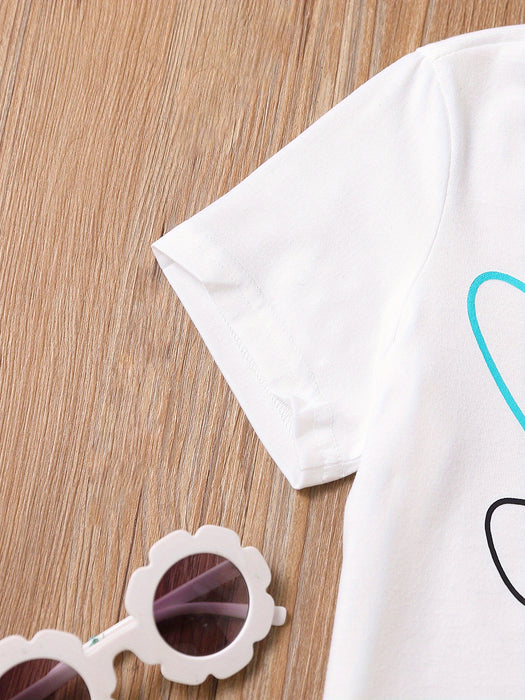 2pcs Toddler Girls Easter Cartoon Bunny Graphic T-Shirts Round Neck Short Sleeve Tees Top & Elastic Waist Belted Stripe Shorts Set Kids Summer Outdoor Clothes
