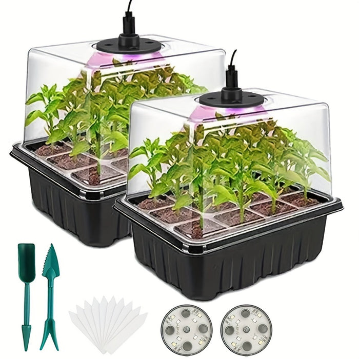 Seed Starter Disc with Growth Lamp, 2 Sets of Seed Germination Kits, with Adjustable Humidity Dome, Seedling Starter Disc with Heightening Lid, 8 Full Spectrum LED Bulbs for Indoor Plants, Mini Greenhouse for Seed Germination