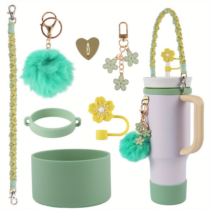 Handwoven Carrying Strap for Water Bottles, Sports Cup Handle, Silicone Bottom Protective Sleeve, Straw Lid Accessories for Cups.