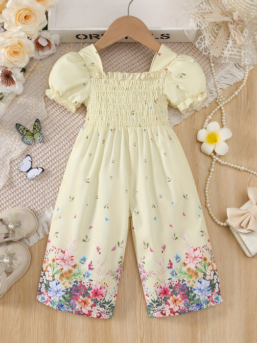 Elegant Floral Print Romper for Youngsters - Casual Retro Style with Puff Sleeves, Polyester, Non-Stretch Fabric, Square Neckline, Spring/Summer Wear, Romper for Girls, for Outdoor