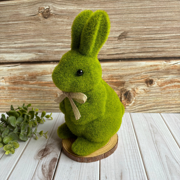 1pc Charming Green Flocked Bunny Statue, 6.6" - Easter & Spring Garden Decor, Outdoor Moss Rabbit with Ribbon Accent, Ideal for Holiday Celebrations & Home Yard Display