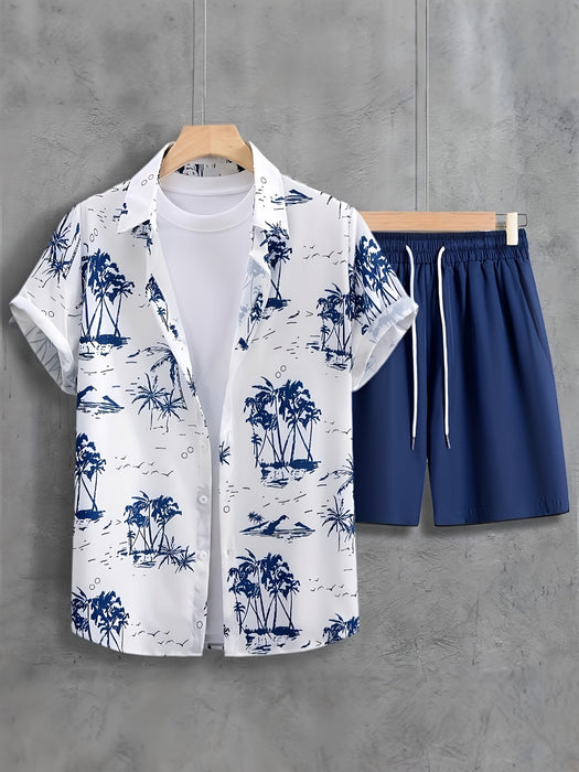 Men'S Casual Summer Tropical Print Short Sleeve Shirt & Drawstring Shorts Set - Comfortable Polyester Fabric, White with Blue Palm Tree Design, Perfect for Beach, Vacation, or Everyday Wear, Vacation Attire|Tropical Print Shi