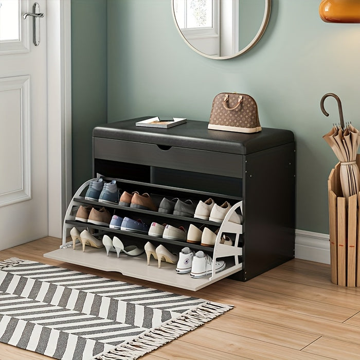 Pine Wood Shoe Bench with Cushioned Seat, Three-Tier Footwear Rack, and Storage Cabinet - Ideal for Bedroom or Entryway, Multi-Compartment Design, No Assembly Required, Shoes Organizer Storage