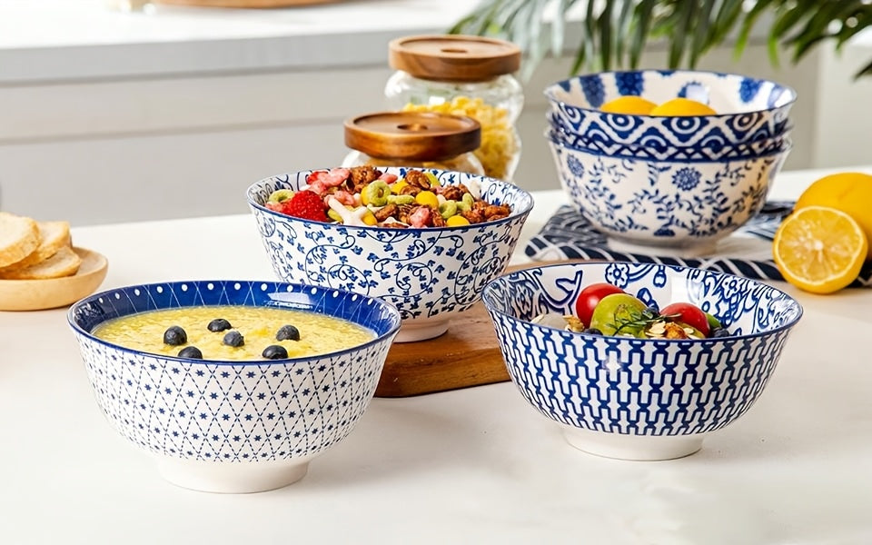 6pcs, Cerkik Ceramic Soup Bowls Set, 12oz/24oz, Porcelain Deep Cereal Bowl, Large Kitchen Dinner Bowl for Eating Salad, Dessert, Pasta, Noodle, Rice, Oatmeal, Microwave Dishwasher Oven Safe, Valentine's Day, Weddings, Vintage
