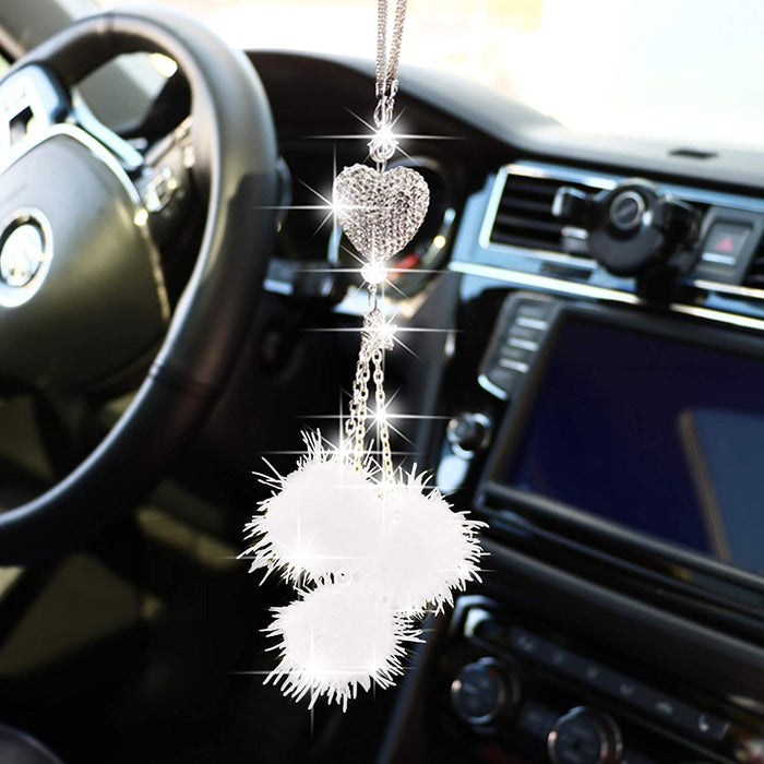 Sparkling Heart Rhinestone Car Ornament: Plush Ball & Heart Design for Women & Girls
