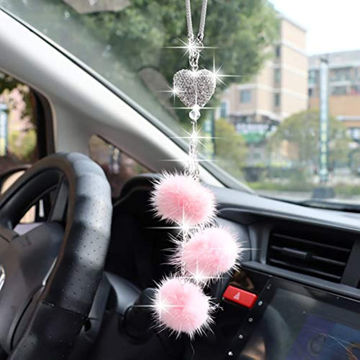 Sparkling Heart Rhinestone Car Ornament: Plush Ball & Heart Design for Women & Girls