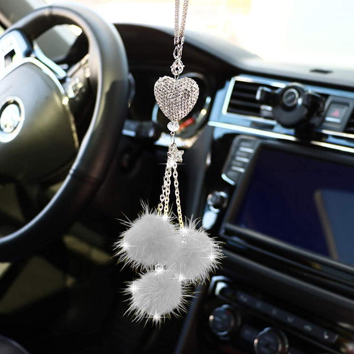 Sparkling Heart Rhinestone Car Ornament: Plush Ball & Heart Design for Women & Girls