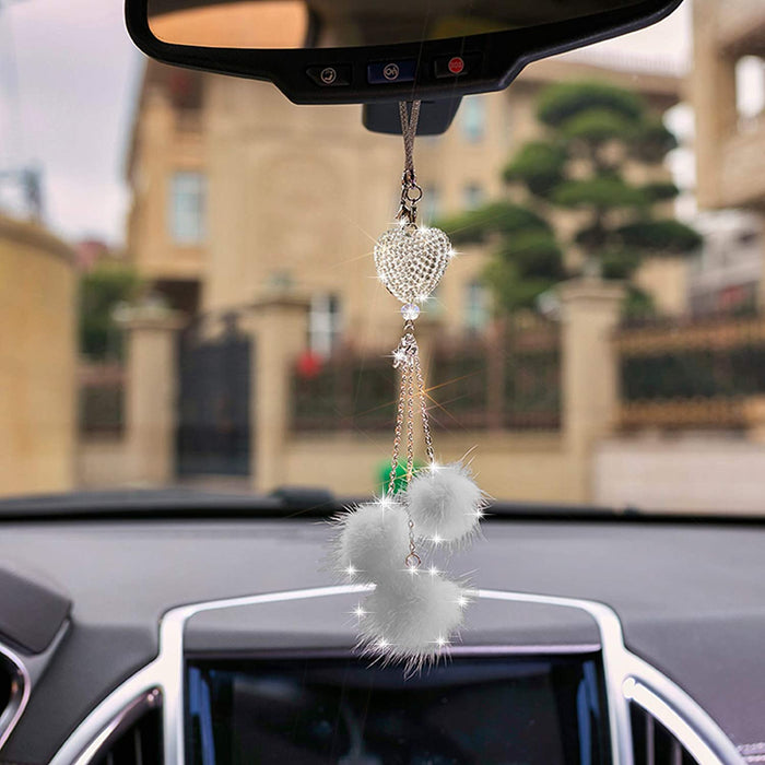 Sparkling Heart Rhinestone Car Ornament: Plush Ball & Heart Design for Women & Girls