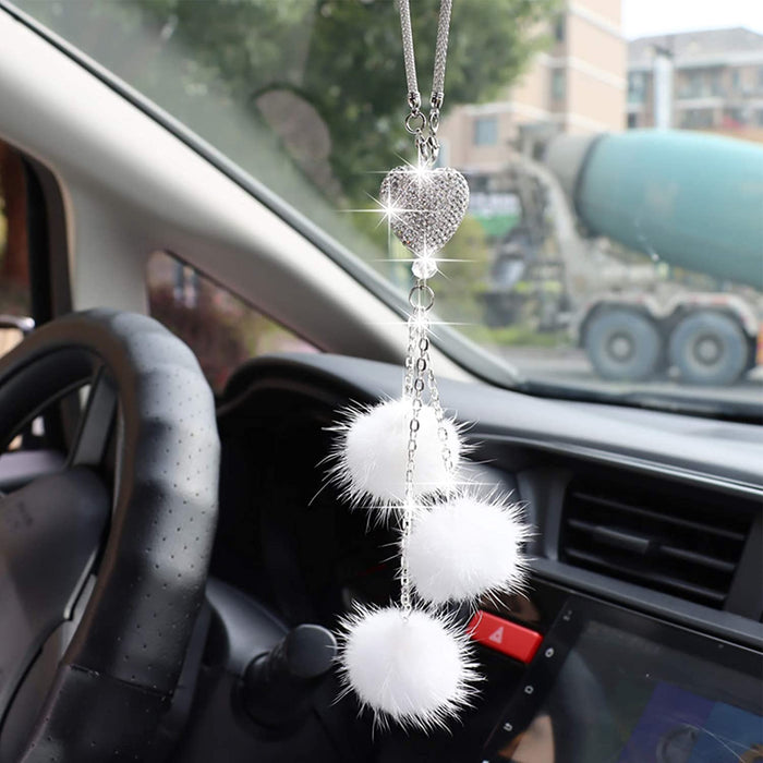 Sparkling Heart Rhinestone Car Ornament: Plush Ball & Heart Design for Women & Girls