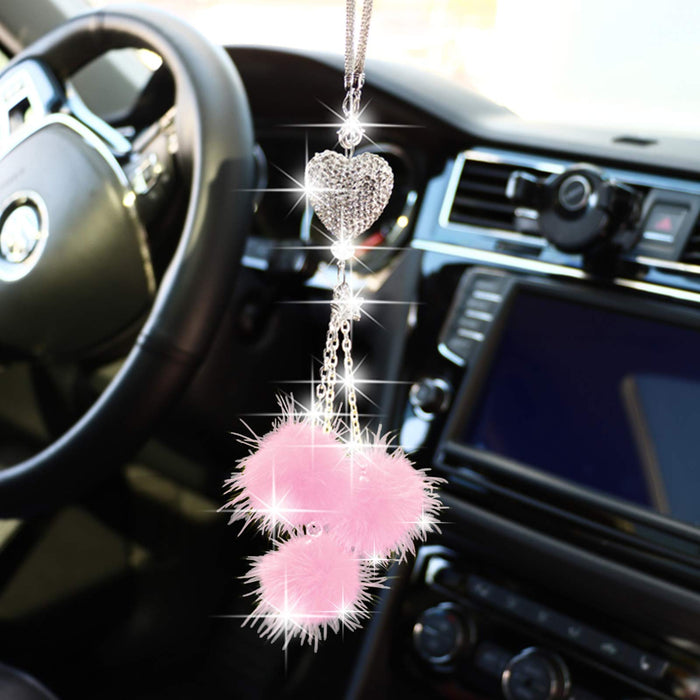 Sparkling Heart Rhinestone Car Ornament: Plush Ball & Heart Design for Women & Girls