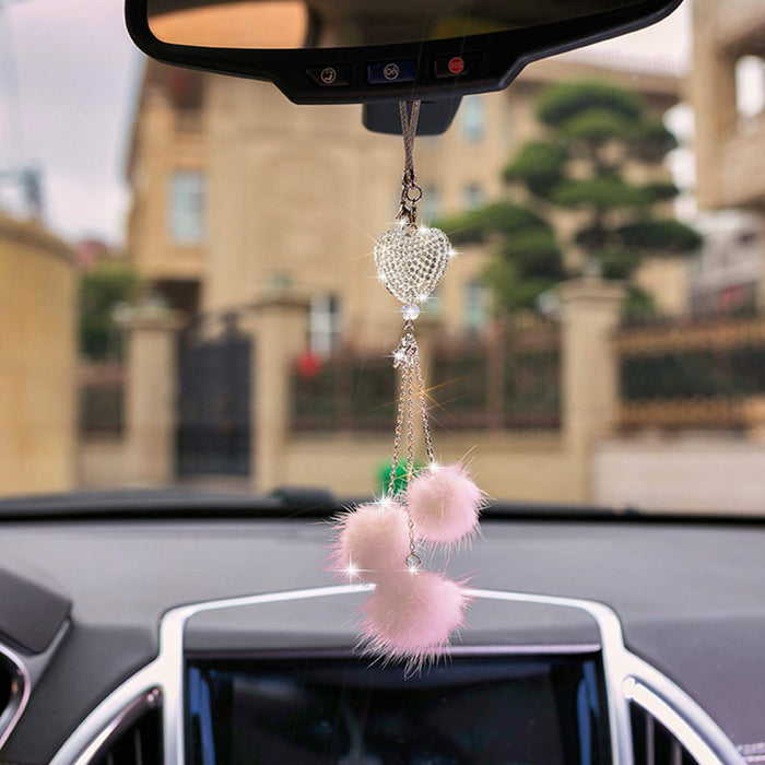 Sparkling Heart Rhinestone Car Ornament: Plush Ball & Heart Design for Women & Girls
