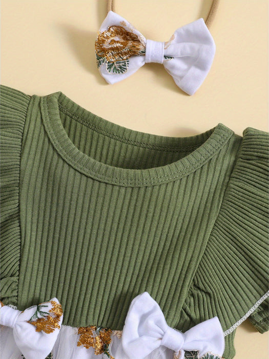 Infant Baby Girls Romper Dress Flower Embroidery Knit Rib Ruffles Crew Neck Jumpsuits Summer Bodysuits with Bow Headband, for Outdoor