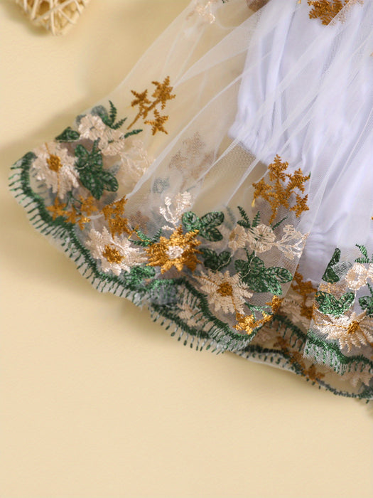 Infant Baby Girls Romper Dress Flower Embroidery Knit Rib Ruffles Crew Neck Jumpsuits Summer Bodysuits with Bow Headband, for Outdoor