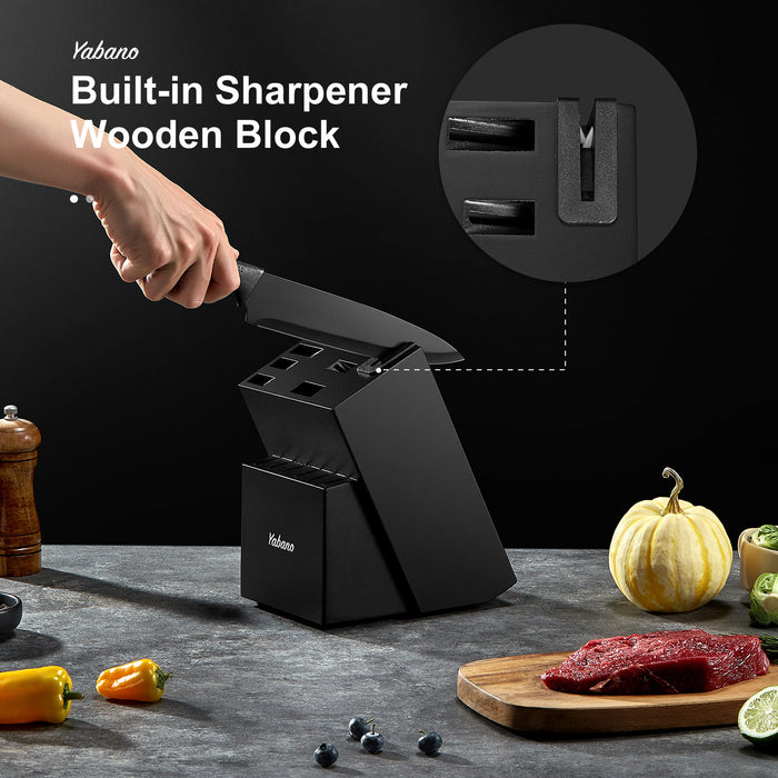 14 pieces 14-Piece Black Knife Block Set with Built-in Sharpener, Includes Chef's Knife, Paring Knife, and More