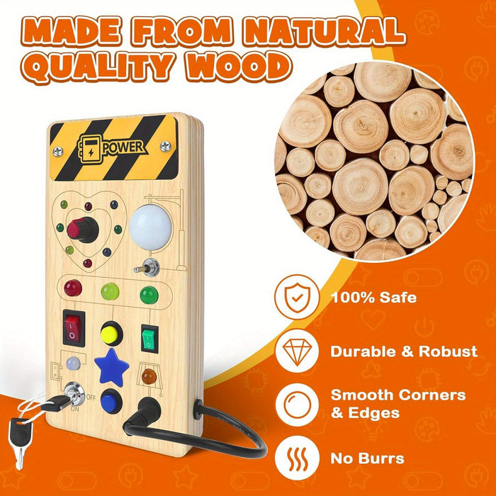 Busy Board – Wooden Sensory Board With 8 Switches & 15 LED Lights, Travel Toys Boys Girls Toys, LED Light ToysBirthday Gifts Halloween Christmas Gifts Gifts