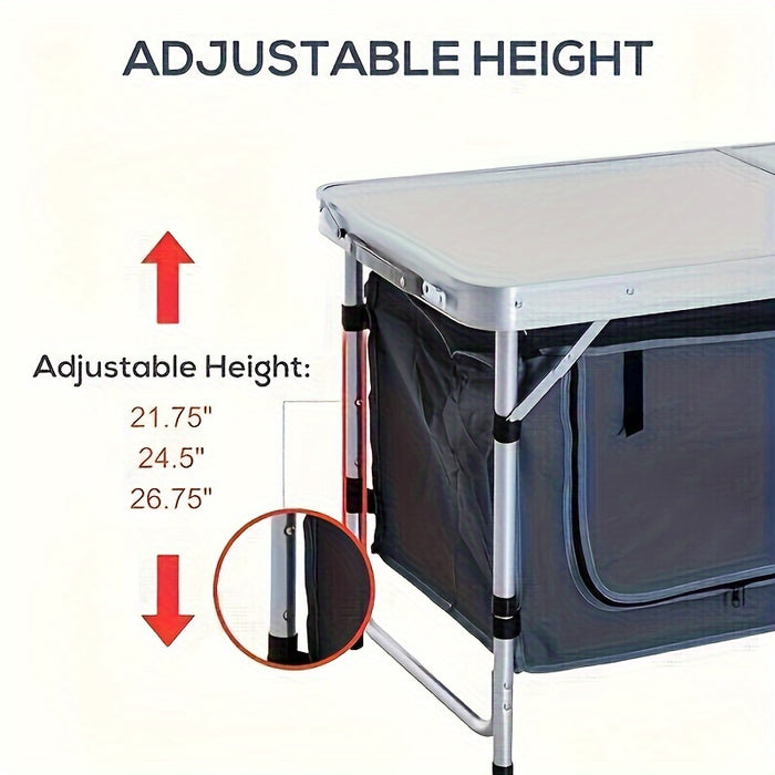 4ft Floral White MDF Tabletop Outdoor Folding Table Aluminum Frame Rectangular with Blue Cloth Cabinet 3 Height Adjustments