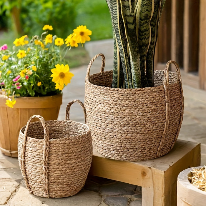 Handcrafted Nordic-Inspired Seaweed Woven Flower Pot - Versatile, Painted Finish, Slide-Out Shelf Design for Home & Garden Decor