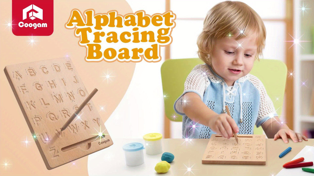 Coogam Wooden Letters Practicing Board - Double-Sided Alphabet Tracing Tool - Educational Toy Game for Fine Motor Skills - For Preschool Kids Aged 3-5 Years - Perfect Gift for Learning ABCs