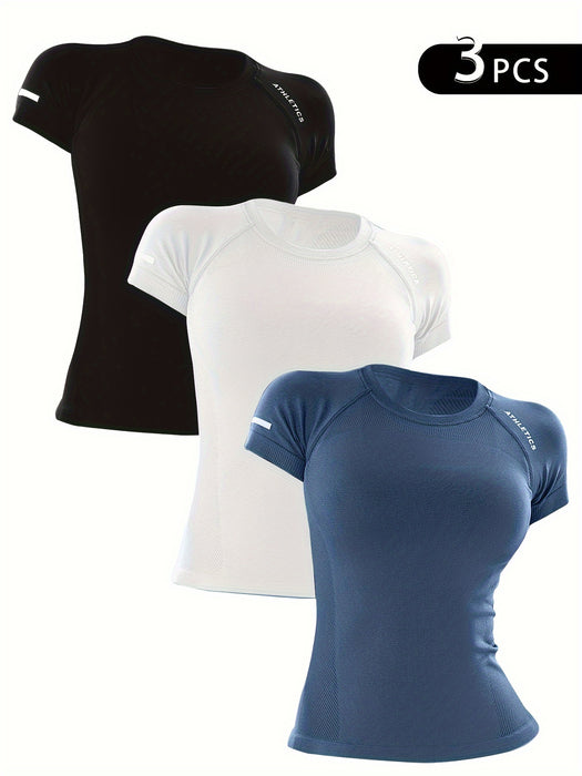 3pcs Women's Athletic T-Shirts - High Stretch, Breathable Nylon Short Sleeve Yoga & Fitness Tops with Letter Design in Black, Gray, and Teal
