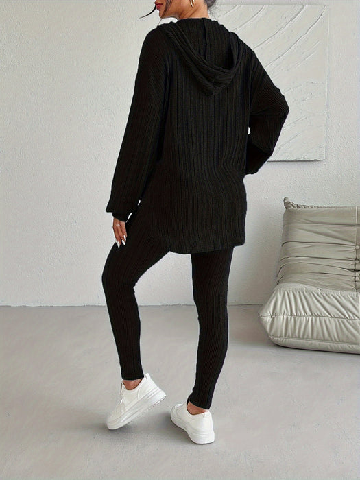 two-piece Ribbed Long Sleeve Hooded Top & Skinny Pants Set for Women, Casual Lounge Outfit