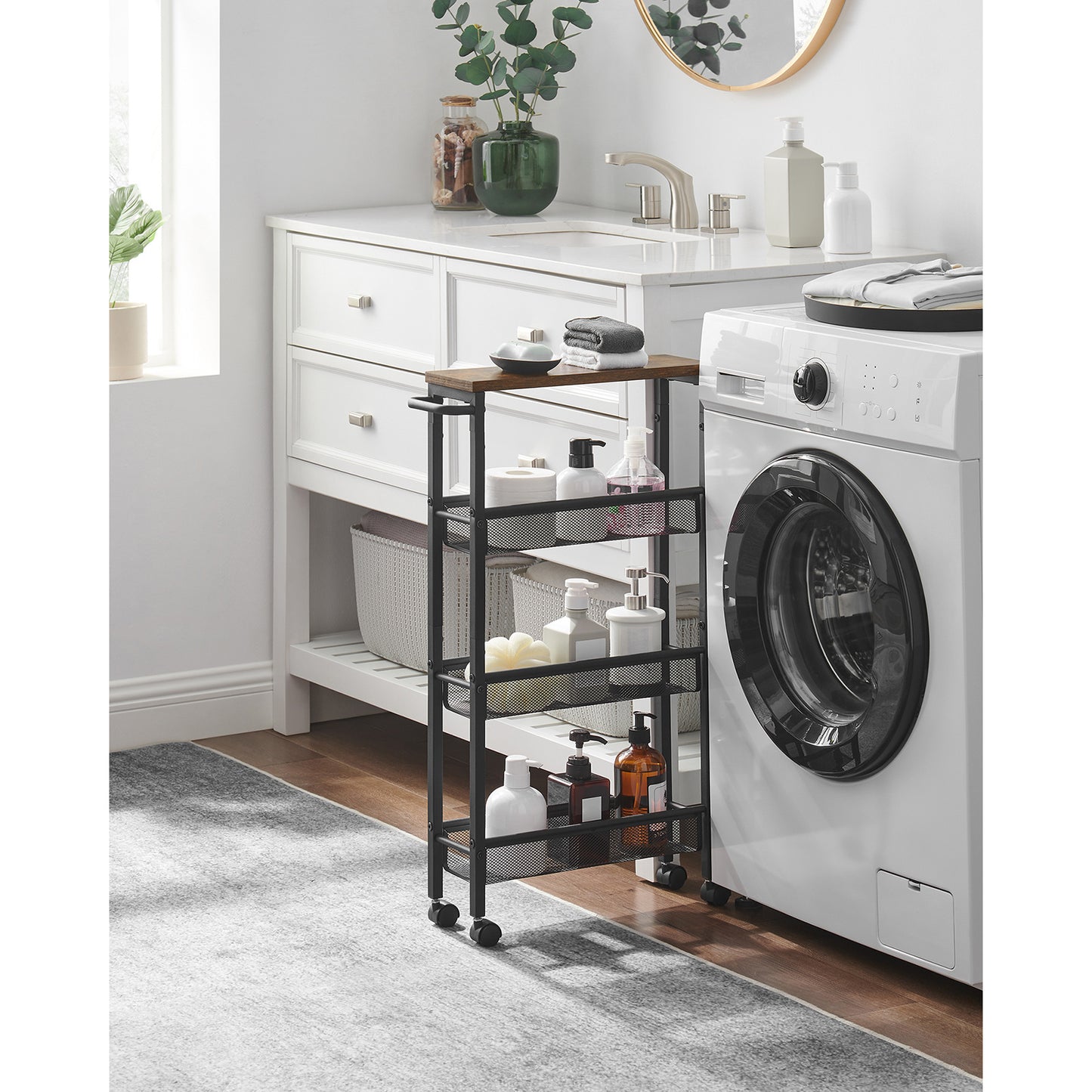 VASAGLE 4-Tier Steel Rolling Storage Cart with Hardwood Top, Rustic Brown & Black, Slim 5.1" Deep Organizer, with Wood-Based Panel & Metal Frame, for Kitchen, Dining, Living Room, Home Office