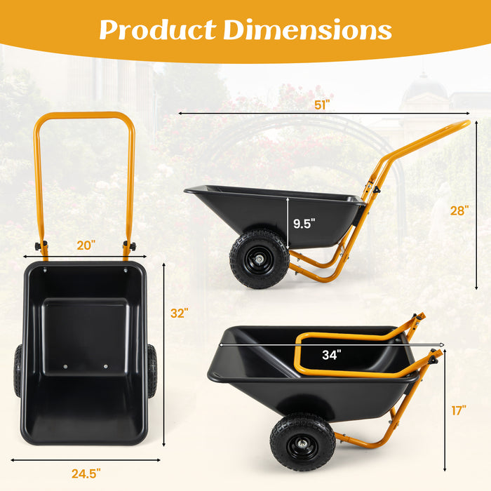 COSTWAY Dual-Wheel Wheelbarrow, Heavy-Duty Garden Utility Cart w/ Pneumatic Tires, 330 LBS Load Capacity, 21 Gal Volume, Foldable Handle, Yard Lawn Dump Cart for Moving Soil Gardening Tool Mulch Gravel.
