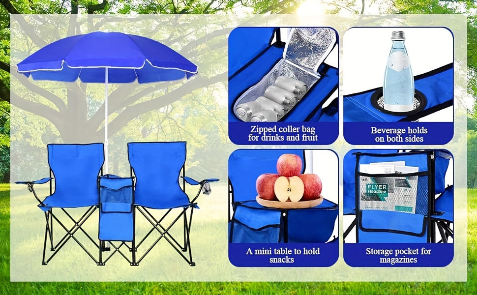Portable Folding Picnic Double Chair W/Umbrella Table Cooler Beach Camping