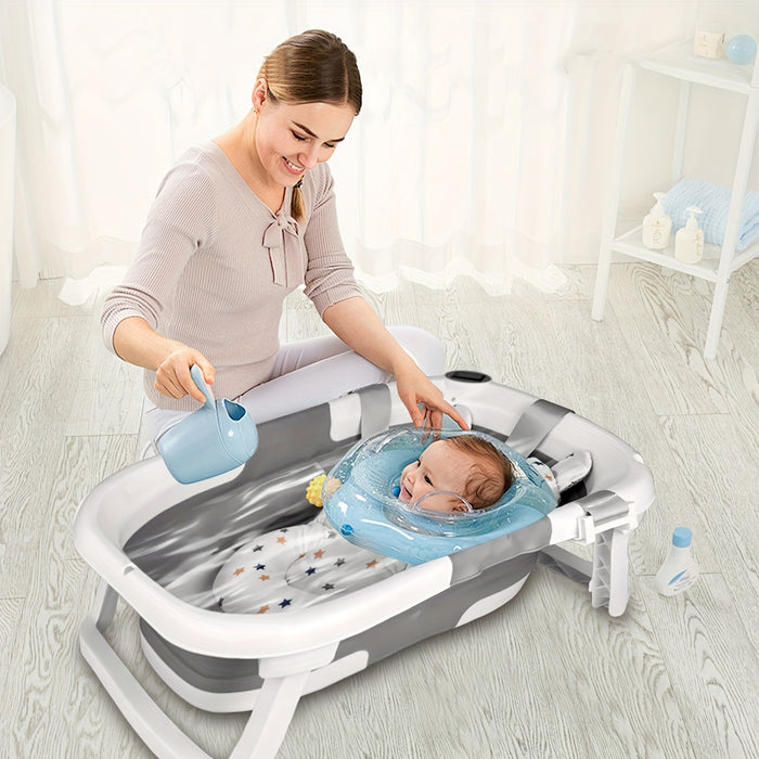 Foldable Baby Bathtub with Thermometer, Portable Travel Newborn Bathtub, with Soft Pad And Thermometer, Drainage Hole, Durable Foldable Youngsters Bathtub for 0-36 Months, Thickened Non-Slip Cushion, Smart Temperature Measure