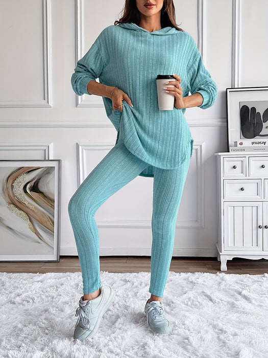 two-piece Ribbed Long Sleeve Hooded Top & Skinny Pants Set for Women, Casual Lounge Outfit
