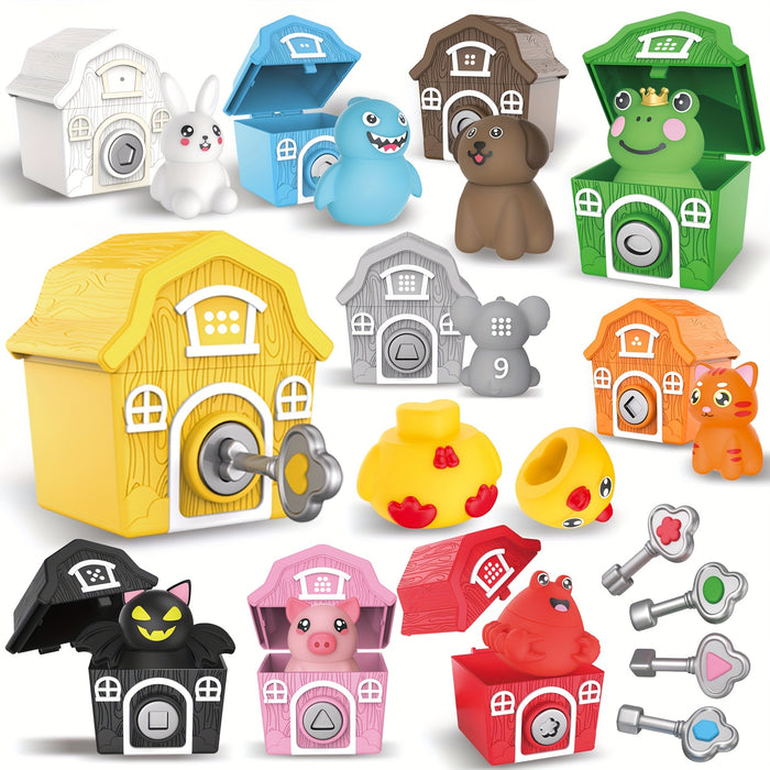 Animal Toys for Ages 3 and Up, 30pcs of Farm Animal Toys, 10 Farm Animals and 10 Barns, 10 Keys, Counting, Matching and Sorting Fine Motor Sensory Toys